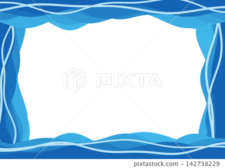 充滿活力的藍色條帶狀邊框，上面有向各個方向流動的重疊波浪[水平] 142738229