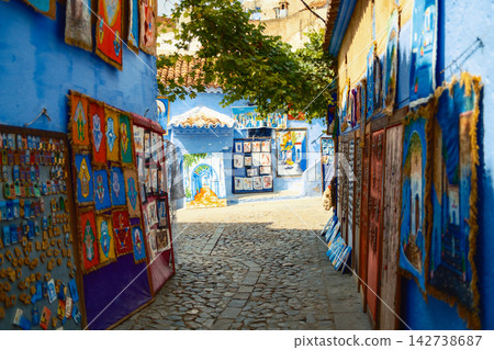 Chefchaouen Colorful blue alley with decoration Chefchaouen Colorful blue alley with decoration 142738687