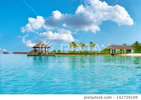 Maldives Tropical Beach with Overwater Bungalow and Palm Trees Maldives Tropical Beach with Overwater Bungalow and Palm Trees 142739109