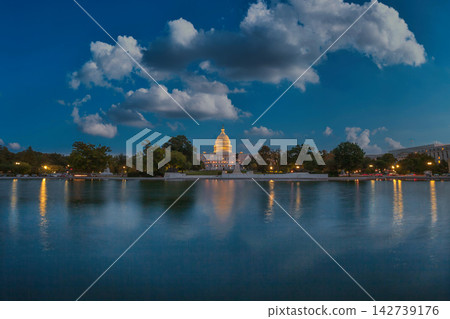 United States Capitol Building Reflected in the Reflecting Pool at Dusk in Washington DC 142739176