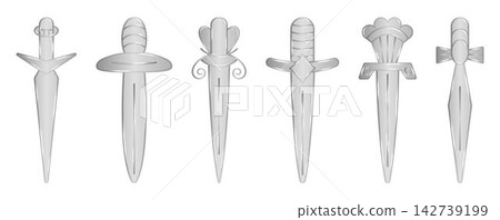 Metallic fantasy Medieval swords, shiny silver icon set. Monochrome glossy steel vector collection of RPG weapon symbols for UI, UX, mobile apps, web, game interfaces and inventory design Metallic fantasy Medieval swords, shiny silver icon set. Monochrome glossy steel vector collection of RPG weapon symbols for UI, UX, mobile apps, web, game interfaces and inventory design 142739199