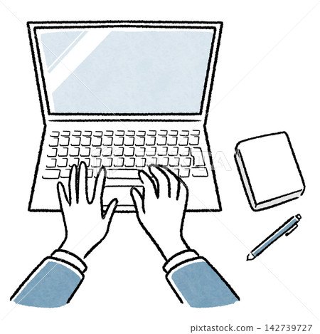 A male office worker's hands (with notepad and pen) working on his laptop. A male office worker's hands (with notepad and pen) working on his laptop. 142739727