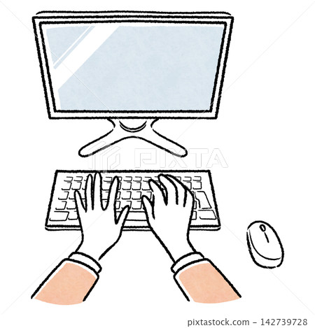 A female office worker's hands working on a desktop computer A female office worker's hands working on a desktop computer 142739728