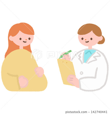 一幅描繪孕婦和女醫生尋求建議的插圖。 一幅描繪孕婦和女醫生尋求建議的插圖。 142740441