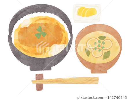 水彩風格的豬排蓋飯和味噌湯插圖。 水彩風格的豬排蓋飯和味噌湯插圖。 142740543