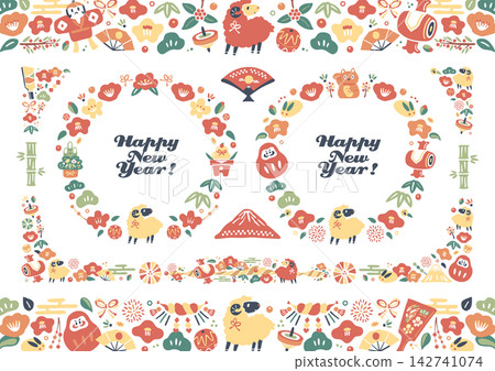 A Japanese-style frame set for the Year of the Sheep: Stylish and colorful decorative frames for the New Year. 142741074
