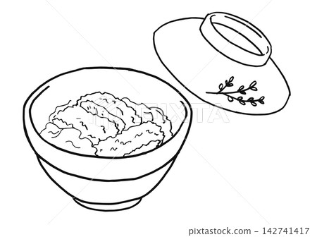 簡單插圖,線條畫,單色,豬排蓋飯(炸豬排飯)。 簡單插圖,線條畫,單色,豬排蓋飯(炸豬排飯)。 142741417