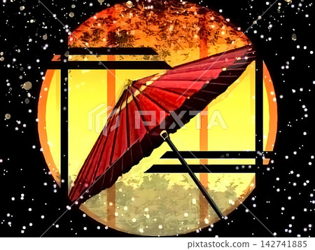 Japanese style: Autumn image silhouette of a Japanese umbrella and a round window Japanese style: Autumn image silhouette of a Japanese umbrella and a round window 142741885