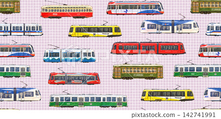 美國復古街車和電車的無縫圖案 美國復古街車和電車的無縫圖案 142741991
