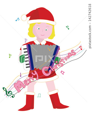 聖誕節期間,一位女聖誕老人正在演奏樂器。 聖誕節期間,一位女聖誕老人正在演奏樂器。 142742618