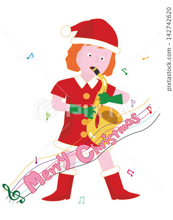 A female Santa Claus is playing a musical instrument at Christmas. A female Santa Claus is playing a musical instrument at Christmas. 142742620