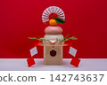 A photograph featuring a real red and white rice cake ("kagami mochi") in the center, against a red and white background, with a sanbo (stand) attached. 142743637