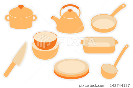 一組可愛的橘色廚房用品貼紙風格插畫。 142744127