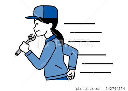 A woman in overalls rushes over, carrying tools. A woman in overalls rushes over, carrying tools. 142744154
