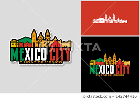 Mexico City landmarks silhouette stickers pack with cathedral and mountains in national flag colors. 142744410