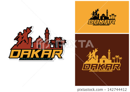 Dakar African Renaissance monument and mosque skyline logo emblem template in earth tone colors. 142744412