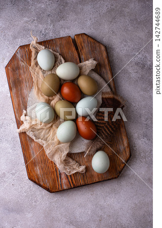 Farm blue, green and brown chicken eggs Farm blue, green and brown chicken eggs 142744689