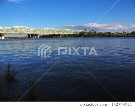 Railway bridge reflected on the surface of the Arakawa River Railway bridge reflected on the surface of the Arakawa River 142744733
