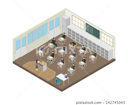 等距插圖：課堂上課的場景（中學生穿著冬季制服） 142745043
