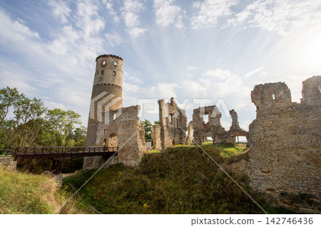 Historic ruins of Zviretice Castle with tall stone tower, broken medieval walls and wooden bridge on a hill surrounded by trees and rural landscape in the Czech Republic Historic ruins of Zviretice Castle with tall stone tower, broken medieval walls and wooden bridge on a hill surrounded by trees and rural landscape in the Czech Republic 142746436
