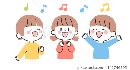 An illustration of three children singing cheerfully. An illustration of three children singing cheerfully. 142746895