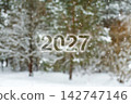 Winter forest landscape with falling snow and the text 2027. Seasonal New Year and Christmas greeting concept 142747146