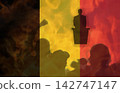 Conceptual composition with the Belgian flag overlaid with silhouettes of a speaker at a podium and a protesting crowd. Politics and elections concept 142747147