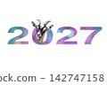 A festive New Year 2027 graphic on a white background. The text is a holographic gradient, with the number 0 cleverly replaced by a realistic goat head. Year of the Goat concept 142747158