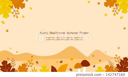 Autumn Nature and Landscape Frame: Seasonal illustration featuring mushrooms and autumn leaves (16:9 aspect ratio, horizontal) 142747160