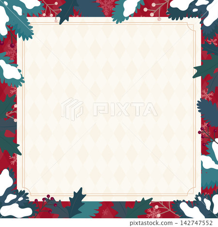 紅色聖誕相框，飾以針葉樹葉和雪花圖案（1_square） 142747552
