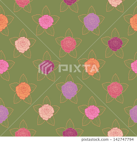 Cute hand drawn roses seamless pattern on leaf color background. Perfect for textiles, wallpaper, fabrics and fashion print. Vector illustration. Cute hand drawn roses seamless pattern on leaf color background. Perfect for textiles, wallpaper, fabrics and fashion print. Vector illustration. 142747794