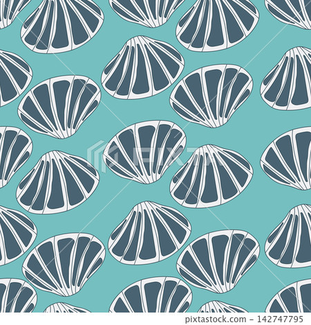 Seashells seamless pattern on fountain blue background. Vector illustration. Perfect for textile, wallpaper, fabrics and fashion print. Seashells seamless pattern on fountain blue background. Vector illustration. Perfect for textile, wallpaper, fabrics and fashion print. 142747795