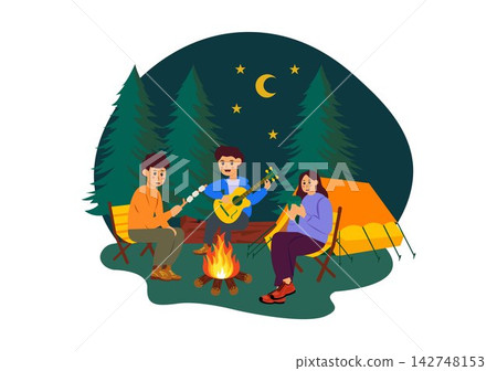 Camping Vector Illustration Featuring Friends Gathering Around a Campfire, Playing Guitar, Relaxing in Tents, Enjoying Outdoor Adventure at Night Camping Vector Illustration Featuring Friends Gathering Around a Campfire, Playing Guitar, Relaxing in Tents, Enjoying Outdoor Adventure at Night 142748153