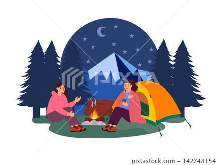 Camping Vector Illustration Featuring Friends Gathering Around a Campfire, Playing Guitar, Relaxing in Tents, Enjoying Outdoor Adventure at Night Camping Vector Illustration Featuring Friends Gathering Around a Campfire, Playing Guitar, Relaxing in Tents, Enjoying Outdoor Adventure at Night 142748154
