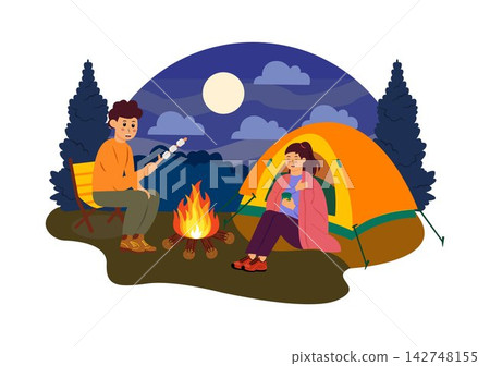 Camping Vector Illustration Featuring Friends Gathering Around a Campfire, Playing Guitar, Relaxing in Tents, Enjoying Outdoor Adventure at Night Camping Vector Illustration Featuring Friends Gathering Around a Campfire, Playing Guitar, Relaxing in Tents, Enjoying Outdoor Adventure at Night 142748155