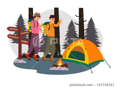 Camping Vector Illustration Featuring Friends Gathering Around a Campfire, Playing Guitar, Relaxing in Tents, Enjoying Outdoor Adventure at Night Camping Vector Illustration Featuring Friends Gathering Around a Campfire, Playing Guitar, Relaxing in Tents, Enjoying Outdoor Adventure at Night 142748161