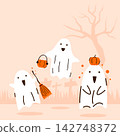 Cute Halloween ghost character vector illustration with pumpkin and broom on background 142748372