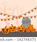 Cute Halloween jack o lantern pumpkins with grave headstone and garland lights vector illustration 142748373