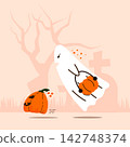 spooky jack o lantern running from cute ghost with pumpkin bucket vector illustration 142748374
