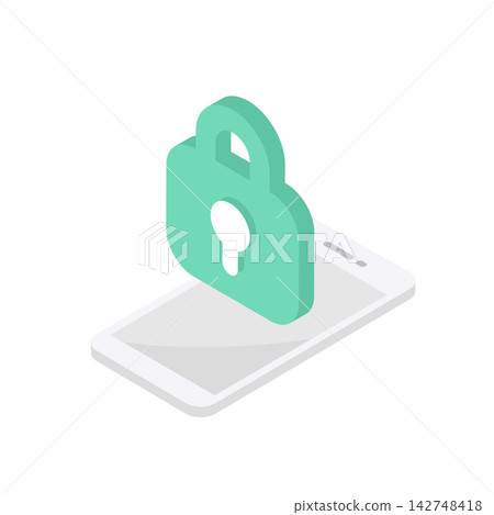 代表智慧型手機安全鎖(鑰匙/認證)的等距向量圖標 代表智慧型手機安全鎖(鑰匙/認證)的等距向量圖標 142748418