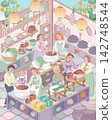 Kimjang Korean Kimchi Making Culture with Diverse People Pastel Vector Illustration 142748544