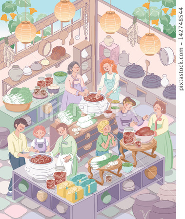 Kimjang Korean Kimchi Making Culture with Diverse People Pastel Vector Illustration Kimjang Korean Kimchi Making Culture with Diverse People Pastel Vector Illustration 142748544