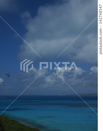 變幻莫測的雲層和清澈見底的海水。這是沖繩久裡間島令人心曠神怡的熱帶風光。 變幻莫測的雲層和清澈見底的海水。這是沖繩久裡間島令人心曠神怡的熱帶風光。 142748547