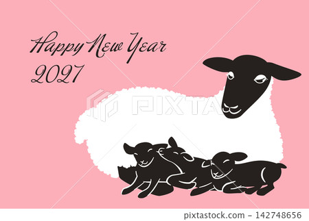 2027年羊年:新年賀卡,圖案為一隻黑臉母羊和小羊(橫版) 2027年羊年:新年賀卡,圖案為一隻黑臉母羊和小羊(橫版) 142748656