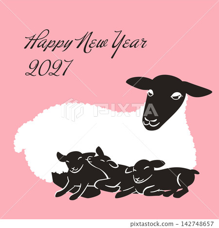 2027年羊年:新年賀卡,圖案為一隻黑臉母羊和小羊(方形) 2027年羊年:新年賀卡,圖案為一隻黑臉母羊和小羊(方形) 142748657
