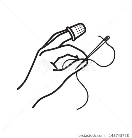 Minimal line icon depicting a hand wearing a thimble while stitching with a needle and thread. Minimal line icon depicting a hand wearing a thimble while stitching with a needle and thread. 142748758