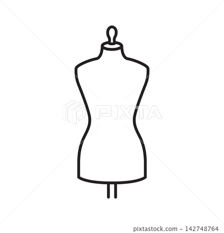 Clean line art icon of a sleek dressmaker mannequin torso on a stand for tailoring fittings. Clean line art icon of a sleek dressmaker mannequin torso on a stand for tailoring fittings. 142748764