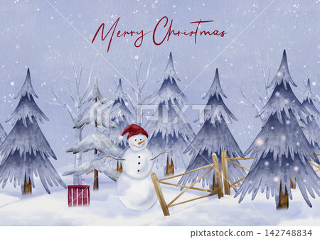 Template rectangle card with handwritten Merry Christmas. Watercolor winter hand drawn illustration of snowman wearing red hat and cartoon tree against on blue snowy background with snow falling. Template rectangle card with handwritten Merry Christmas. Watercolor winter hand drawn illustration of snowman wearing red hat and cartoon tree against on blue snowy background with snow falling. 142748834