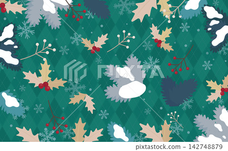 綠色聖誕圖案背景,帶有針葉樹葉和雪花(橫向) 綠色聖誕圖案背景,帶有針葉樹葉和雪花(橫向) 142748879