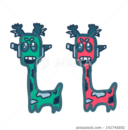 Cute hand-drawn illustration set of funny green and pink giraffe monster characters isolated Cute hand-drawn illustration set of funny green and pink giraffe monster characters isolated 142748892